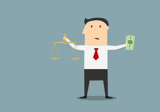Businessman with justice scales and money