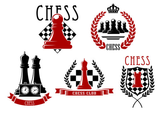 Chess game icons with boards, clock and pieces