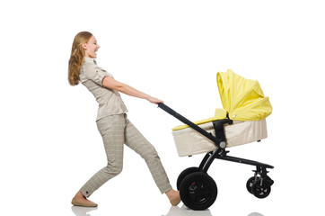Woman with baby and pram isolated on white