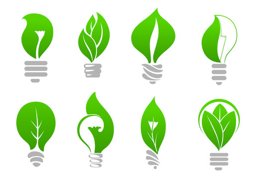 Save energy light bulb icons with green leaves