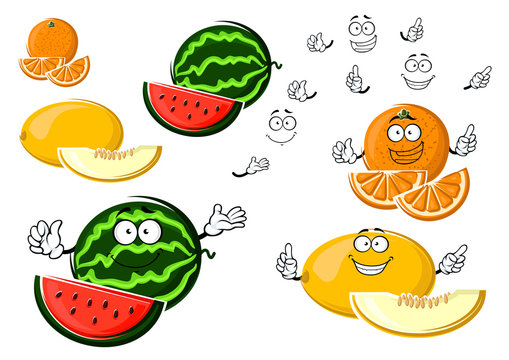 Ripe melon, orange and watermelon fruits