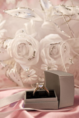 En diamond engagement ring in a jewel box. 