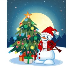 Snowman With Santa Claus Costume Playing The Violin With Christmas Tree And Full Moon At Night Background For Your Design Vector Illustration