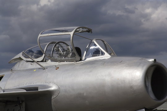 Detail of jet fighter aircraft Mikoyan-Gurevich MiG-15 cockpit developed for the Soviet Union