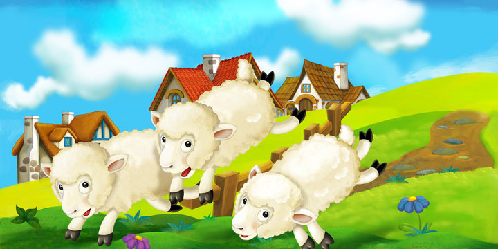 Cartoon scene of village with sheep - illustration for the children