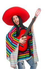 Woman mexican guitar player on white