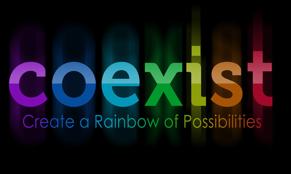 Rainbow colors spell out "coexist" and "create a rainbow of possibilities"