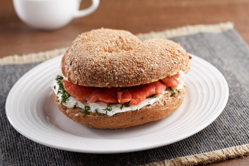 Salmon and cream cheese bagel sandwich