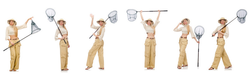 Woman with catching net on white