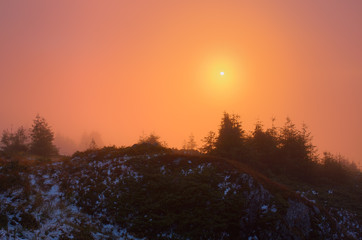 Sunlight in the fog at sunset