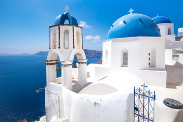 Scenic view of traditional cycladic blue white and blue domes