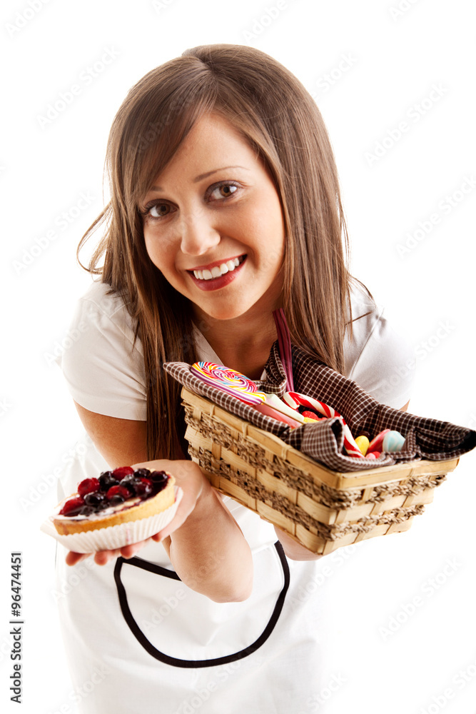 Poster woman chef with sweets