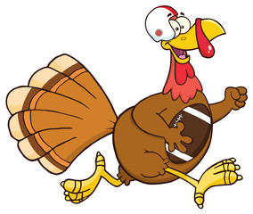 Football Turkey Bird Character Running In Thanksgiving Super Bowl
