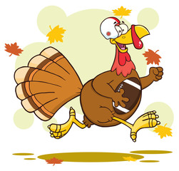 Football Turkey Bird Character Running In Thanksgiving Super Bowl