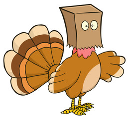 Turkey Bird Cartoon Character Hiding Under A Bag