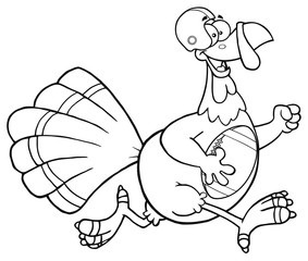 Black And White Football Turkey Bird Character Running In Thanksgiving Super Bowl