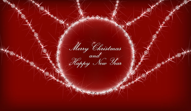 Merry Christmas and Happy New Year in circle on red with sparkle