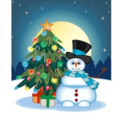 Snowman Wearing A Hat And Blue Scarf Waving His Hand With Christmas Tree And Full Moon At Night Background For Your Design Vector Illustration