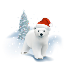 Polar bear cub with Santa hat and Christmas tree in snowfall. 
Hand drawn vector illustration on white background.