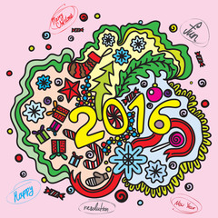 2016 year hand lettering and doodles elements background in color. Hand drawing Merry Christmas and resolution sketch vector illustration.