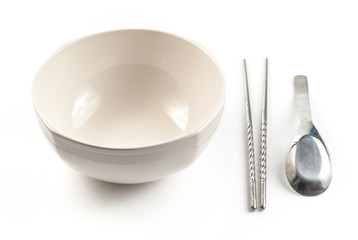 bowl with chopsticks and spoon isolated on white background,Chin