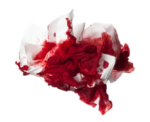 Blood in tissue paper on a white background