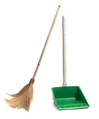 dustpan and broom for cleaning on white background