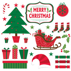 Christmas set with Christmas tree, Present, sleigh, star design vector illustration. EPS 10 & HI-RES JPG Included