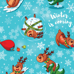 Christmas deers in cartoon seamless pattern