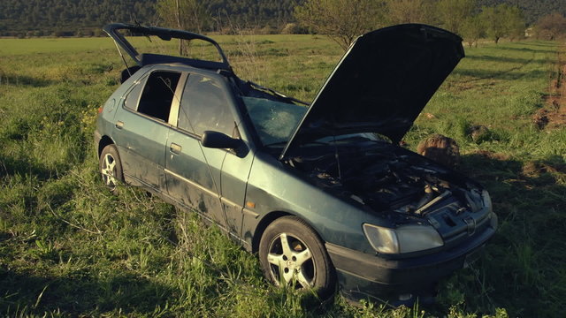 Car wreck,crashed on the side of country road
