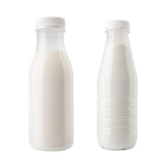 plastic bottles of milk drink close-up isolated on white background