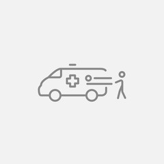 Man with patient and ambulance car line icon.