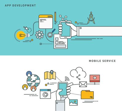 simple line flat design of app development & mobile service, modern vector illustration. 
