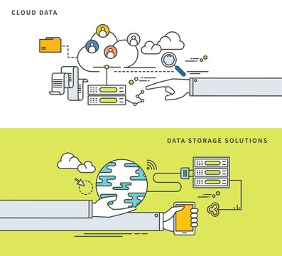 simple line flat design of cloud data & data storage solutions, modern vector illustration.