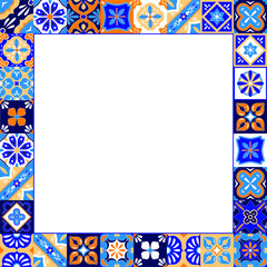 Mexican stylized talavera tiles frame in blue orange and white, vector