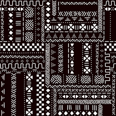 Black and white traditional african mudcloth fabric seamless pattern, vector