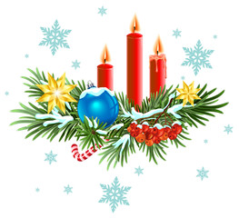 Christmas wreath. Spruce branches with candles, candy and berries