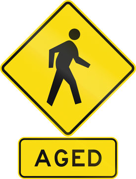Road sign assembly in New Zealand - Aged pedestrians