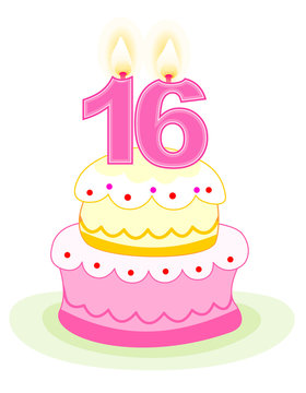 Sweet 16 birthday cake on white
