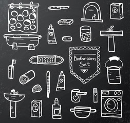 Set of bathroom equipment on black chalkboard
