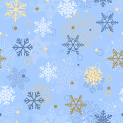 Seamless pattern of snowflakes, multicolored on light blue