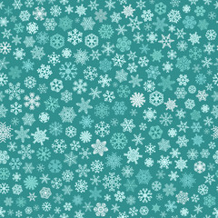 Seamless pattern of snowflakes, white and light blue on turquois