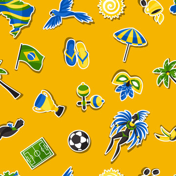Brazil seamless pattern with sticker objects and cultural symbols