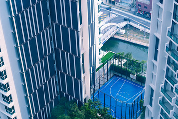 The Top view on building and a basketball court