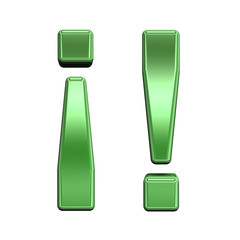 Exclamation mark from shiny green alphabet set, isolated on white. Computer generated 3D photo rendering.