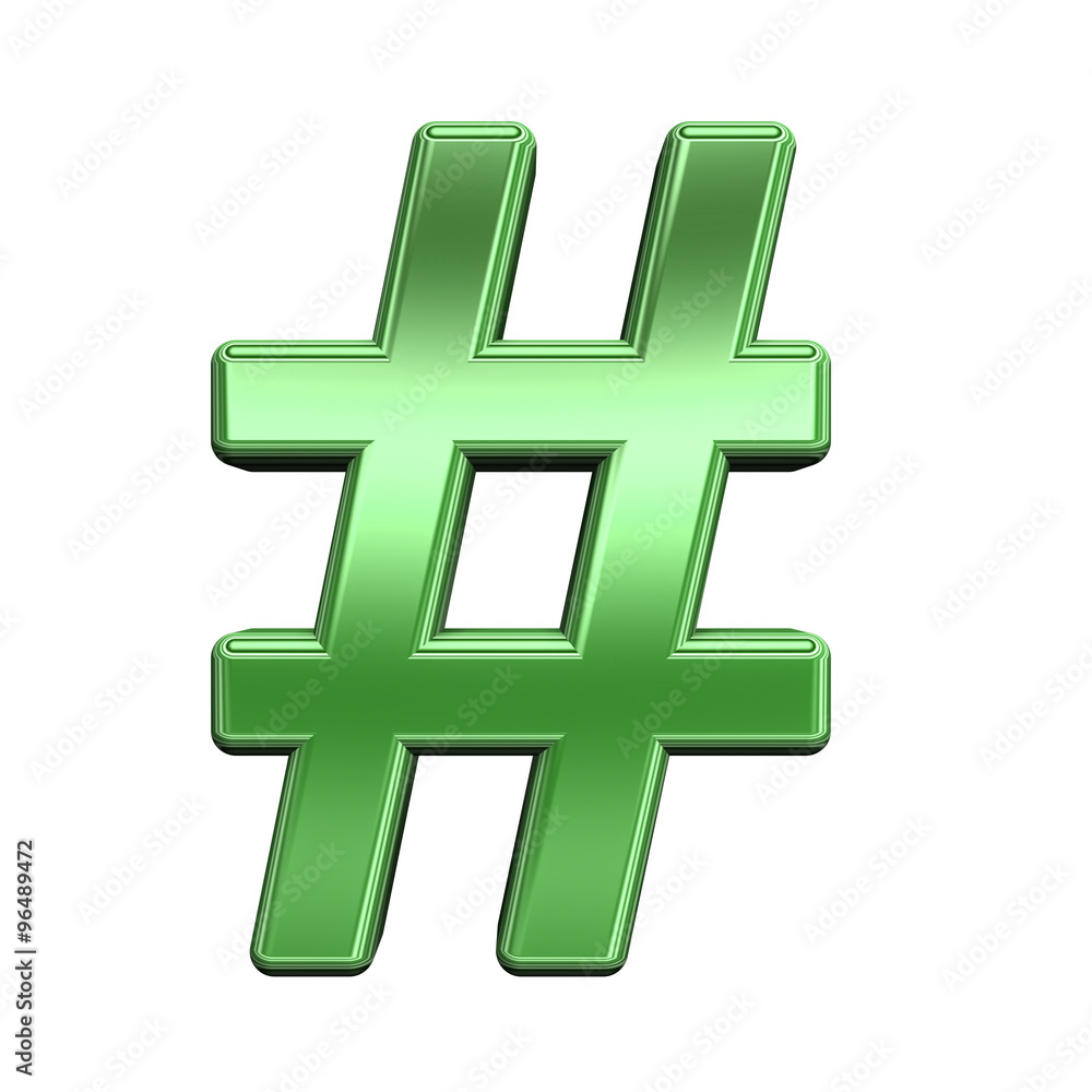 Fototapete Number mark from shiny green alphabet set, isolated on white. Computer generated 3D photo rendering.