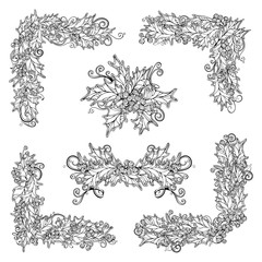 Vector set of black and white holly berries design elements.