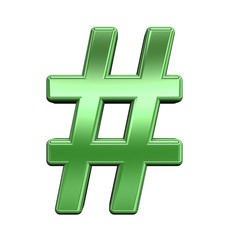 Obraz premium Number mark from shiny green alphabet set, isolated on white. Computer generated 3D photo rendering.