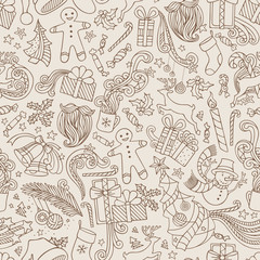 Vintage Seamless Doodles Christmas Pattern.