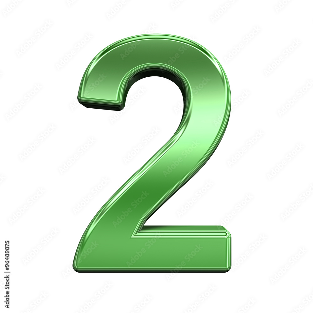 Fototapete one digit from shiny green alphabet set, isolated on white. computer generated 3d photo rendering.